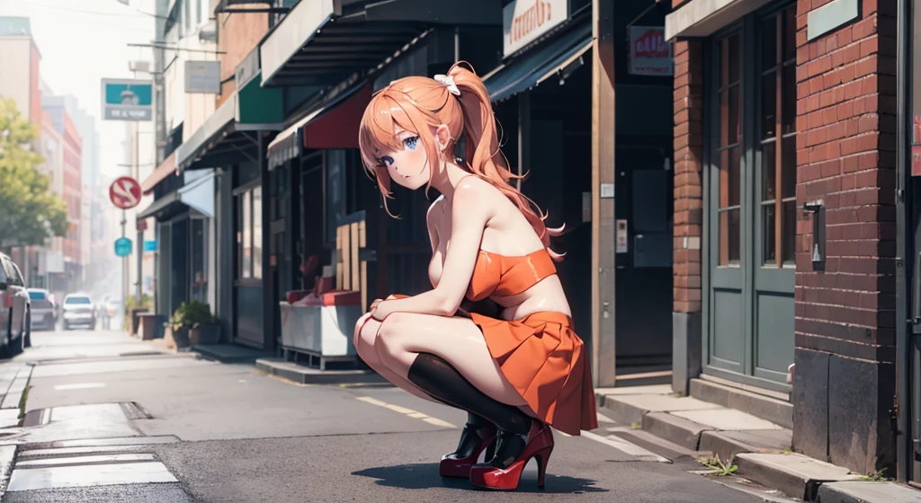 fullnude、cute big white bow, high heels stylish girl pretending to be a dog,  young girl, The girl is depicted in full growth, you see the girl from head to toe, (one embarrassed girl naked), one embarrassed girl naked, in super short bright skirt, Blonde light red hair with a ponytail, Blue eyes, White skin, squatting on the street, young girl, small breasts.
