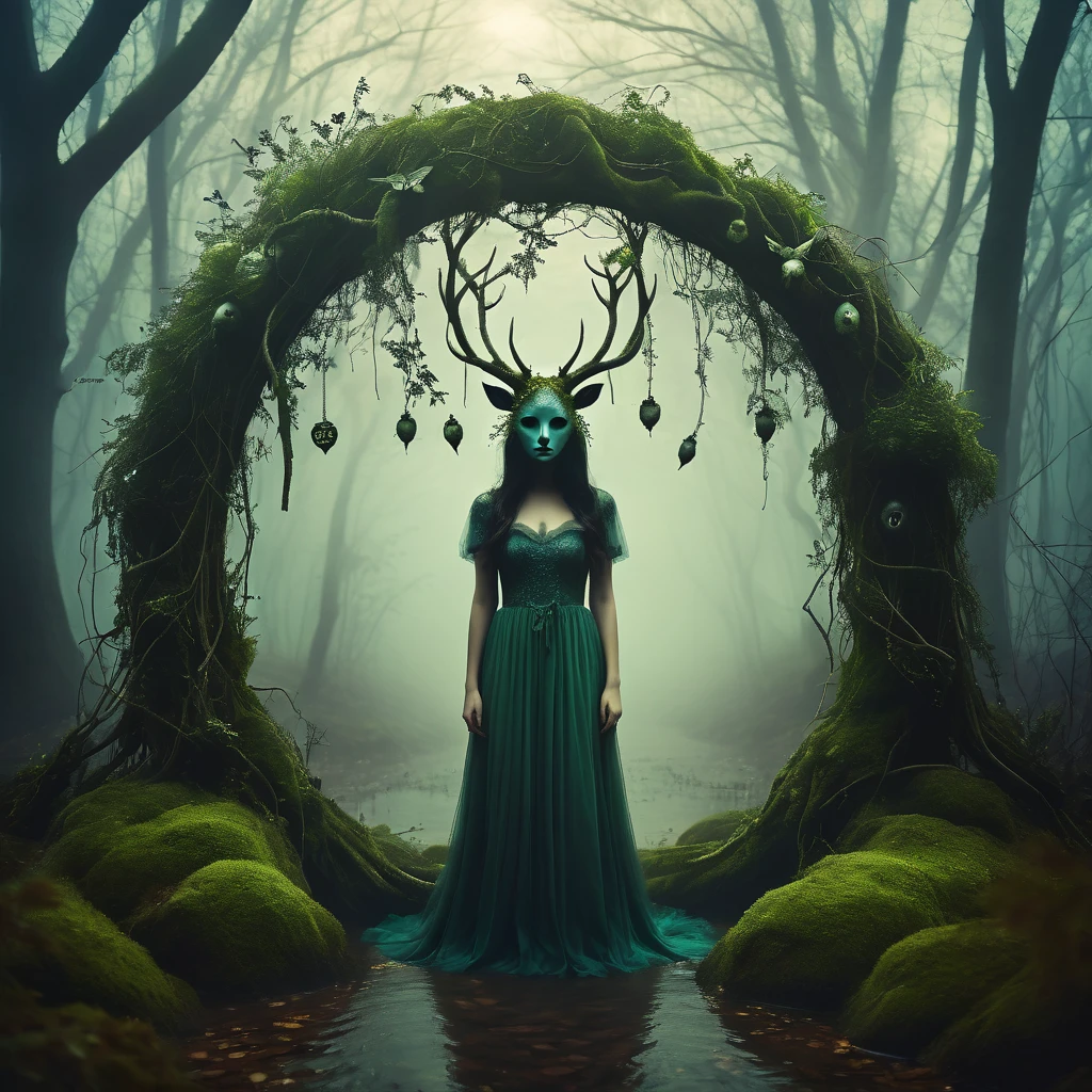 Make a dreamy mysterious horror style image symbolizing the embracement of nature, symbols