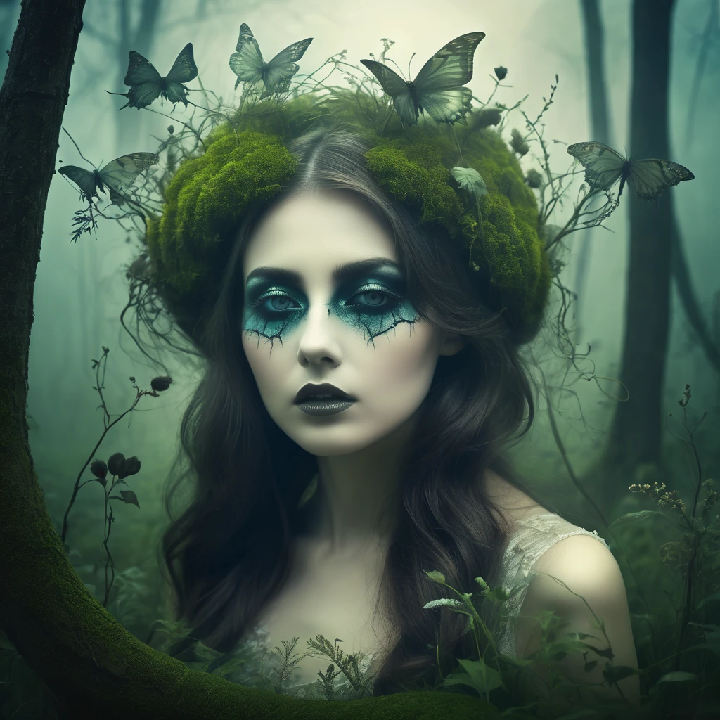 Make a dreamy mysterious horror style image symbolizing the embracement of nature, symbols