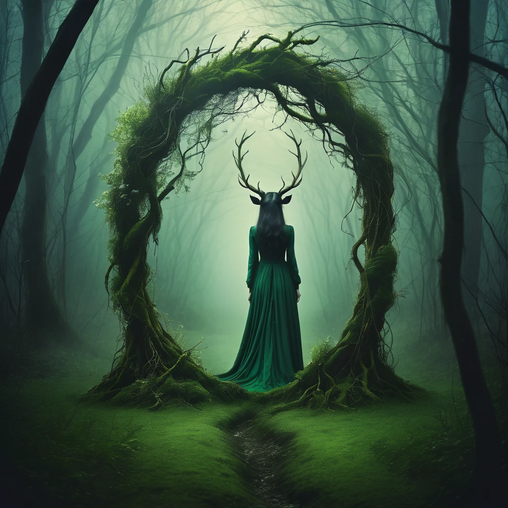 Make a dreamy mysterious horror style image symbolizing the embracement of nature, symbols