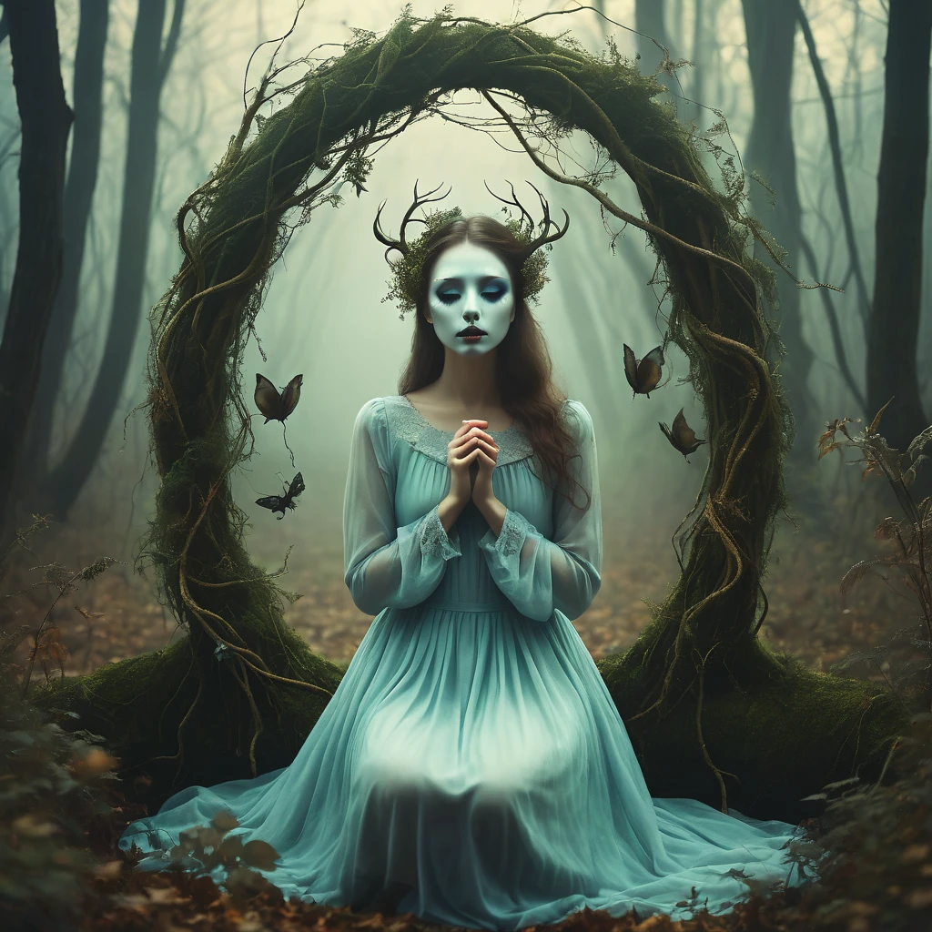 Make a dreamy mysterious horror style image symbolizing the embracement of nature, symbols