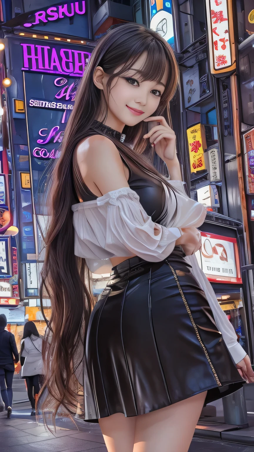 (Highest quality、8k、masterpiece:1.3)、Beautiful woman with perfect figure:1.4、((Dark brown super long hair))、((Her hair is super long, reaching down to her waist))、26 years old、Russians and Japan mixes、Beautiful Face、Slender figure、Beautiful female curves、Wearing a pendant、((White tank top))、((Black leather mini skirt))、Highly detailed face and skin、fine grain、double eyelid、(Big Breasts )、 Big Ass、Bewitching atmosphere、((smile))、((Walking in the city))、((City building street))、((Shinjuku、Kabukicho))、