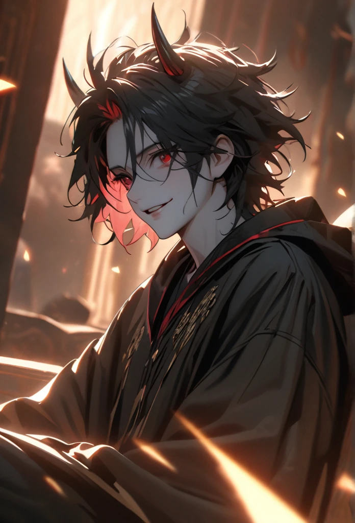 (solo), masculine, black hair, messy hair, mane hair, short hair, dense hair, wild hair, expressive hair, mature,(25 year old), pale skin, red eyes, ((man)), wearing a black robe, black demon horns,, Smiling, showing anime teeth, handsome, attractive, eye reflection, depth of field, thunder aura,cinematic lighting, ray tracing, depth of field, cinematic lighting, ray tracing, UHD, high details, best quality, highres, high quality, award winning, super detail, masterpiece, 8k, UHD, high details, best quality, highres, high quality, award winning, super detail, masterpiece, 8k, digital art, anime coloring, full body, body shot, good face, perfect face, detailed face, good eyes, sitting on a throne