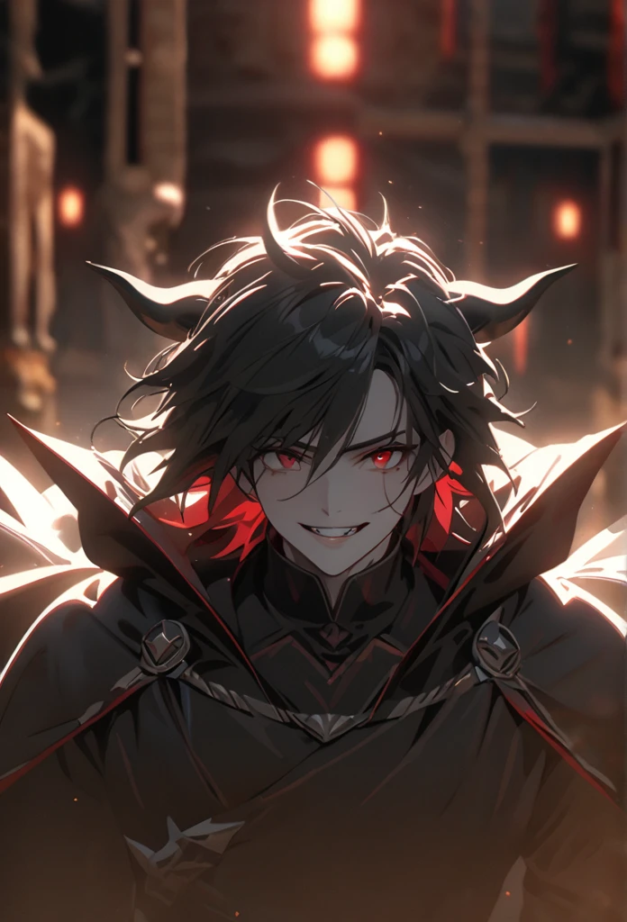 (solo), masculine, black hair, messy hair, mane hair, short hair, dense hair, wild hair, expressive hair, mature,(25 year old), pale skin, red eyes, ((man)), wearing a black robe, black demon horns,, Smiling, showing anime teeth, handsome, attractive, eye reflection, depth of field, thunder aura,cinematic lighting, ray tracing, depth of field, cinematic lighting, ray tracing, UHD, high details, best quality, highres, high quality, award winning, super detail, masterpiece, 8k, UHD, high details, best quality, highres, high quality, award winning, super detail, masterpiece, 8k, digital art, anime coloring, full body, body shot, good face, perfect face, detailed face, good eyes, sitting on a throne