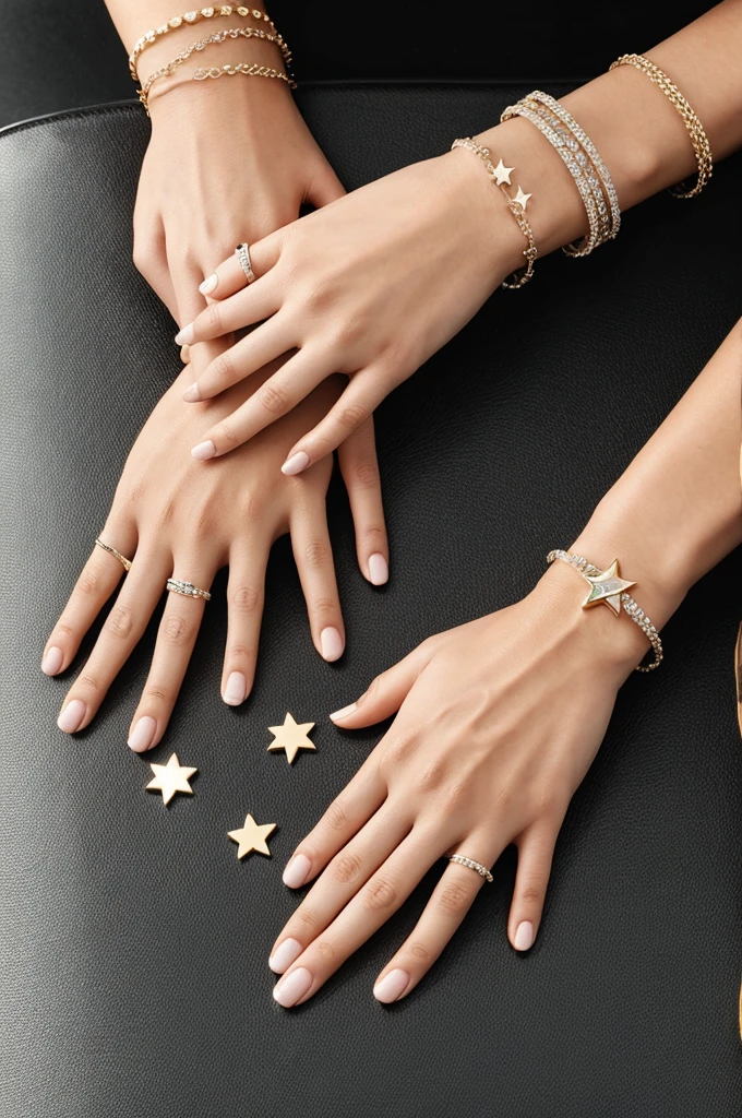 Woman hand slim and brunette , with a star bracelet, and man white chubby hand with star bracelet, holding hands 