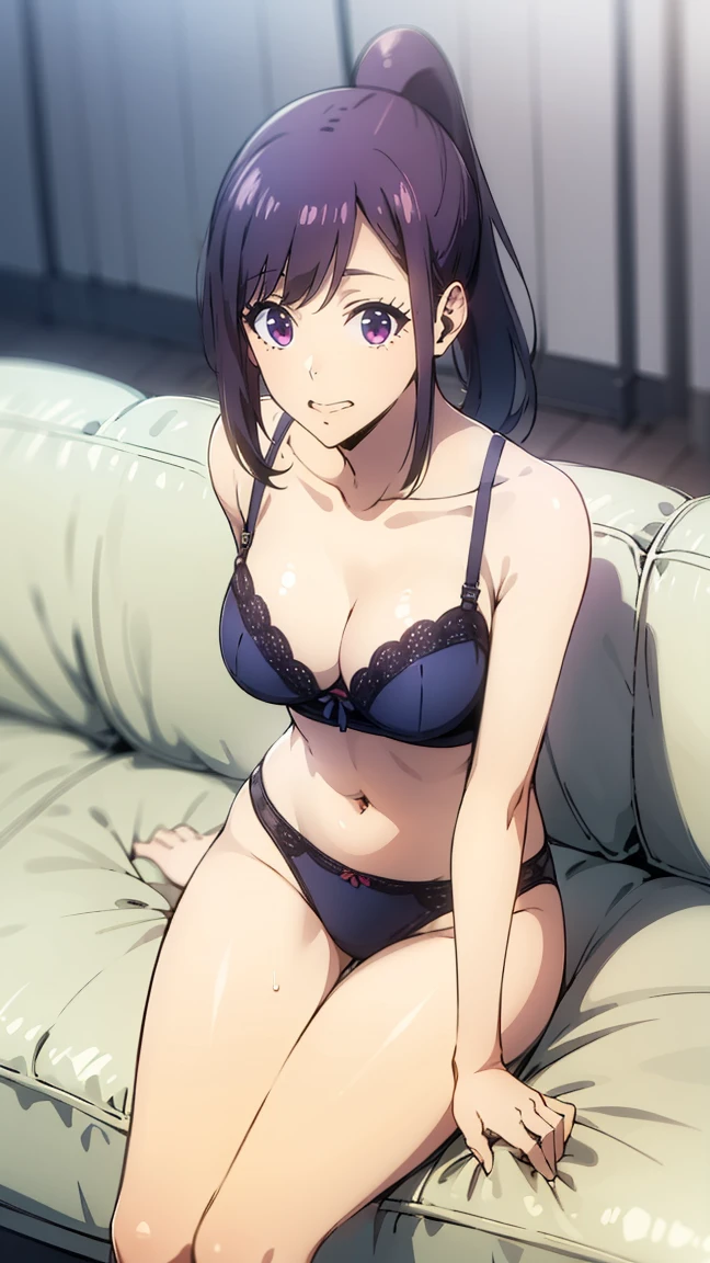 full body, 1girl, solo,underwear, navel, breasts, realistic, long hair,ponytail, smiling, looking at viewer, purple hair, collarbone,purple eyes, sitting, cowboy shot, sitting in a sofa, from Above, red laced underwear, red laced bra, legs open, dynamic pose, white skin, pale skin,slim waist, sweaty armpits, indoors, sala set, 16:9