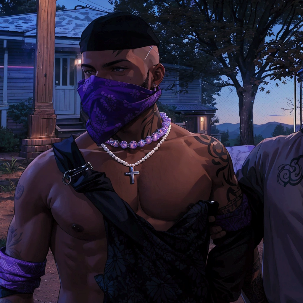 A close-up of two men standing together in an outdoor setting, with a house and trees in the background. The man on the left has a shaved head and is wearing a purple bandana covering his mouth, along with a beaded necklace featuring a cross pendant. He has visible tattoos on his arms and is shirtless .