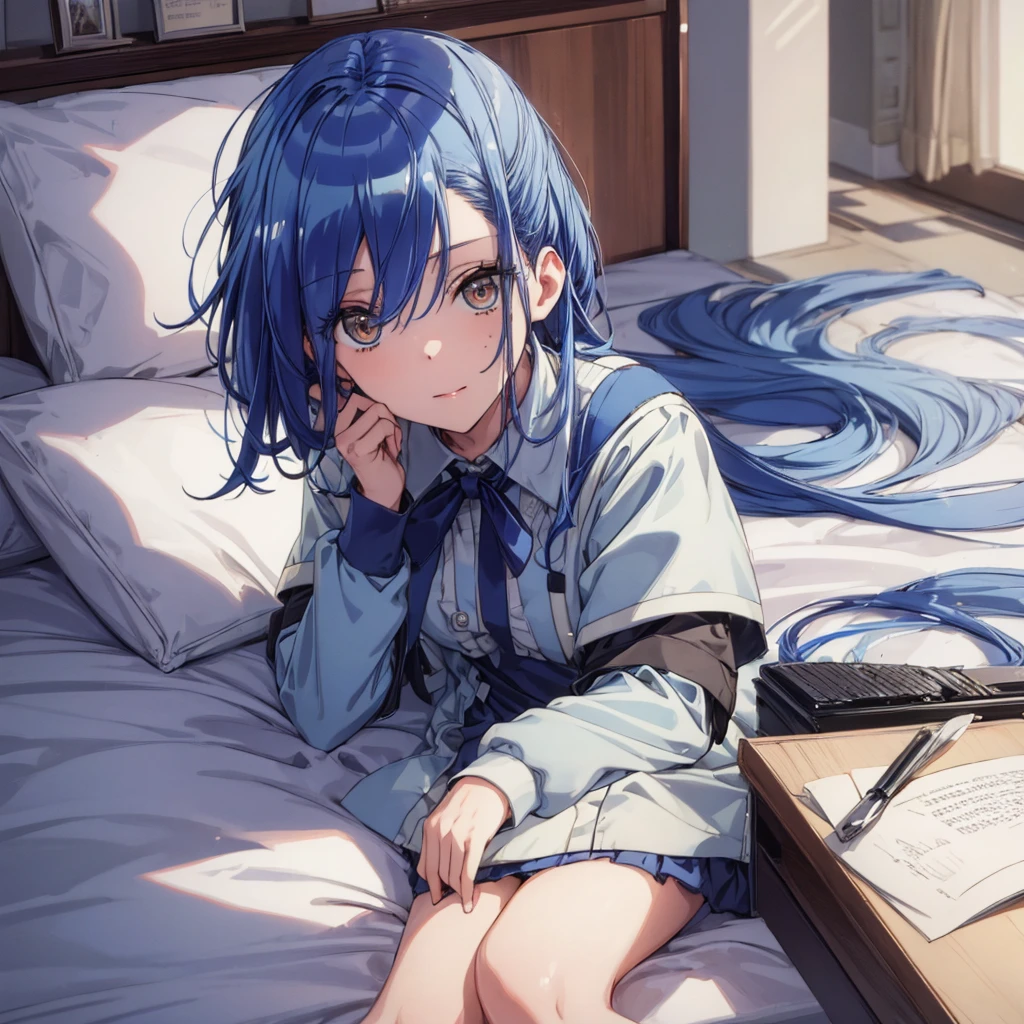 ((Highest quality)), ((masterpiece)), ((detailed)), A blue-haired female student in uniform lying on a bed