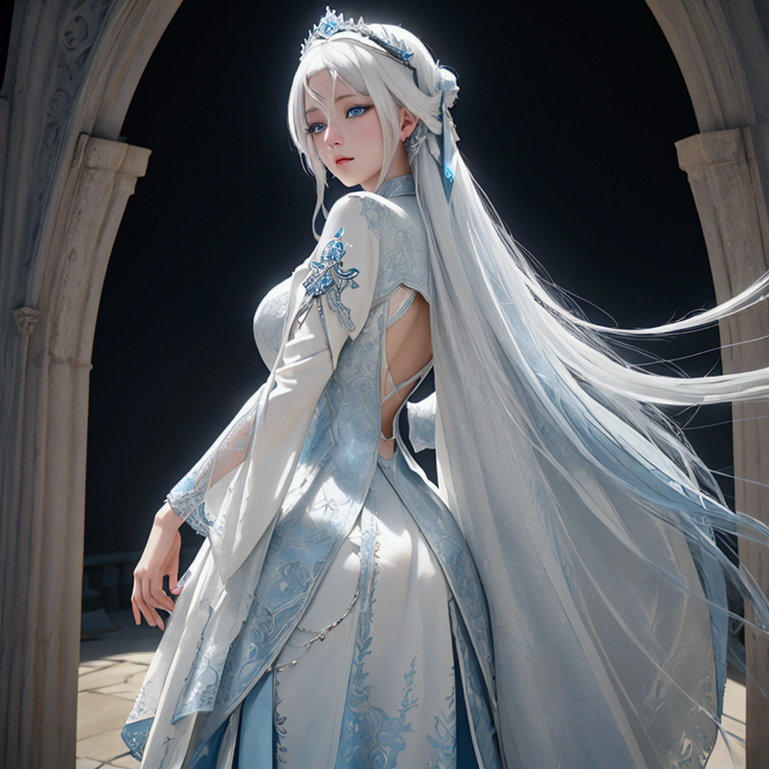 1 , solo, high resolution, high resolution, Masterpiece artwork, detail, White hair, Hime cut, blue colored eyes, view from the bottom, General plan, backlighting, Ray tracing, 3D rendering, Reality, goddess, goddess da moonligh, moonligh, rosto angelical, divine, creative background, fully body