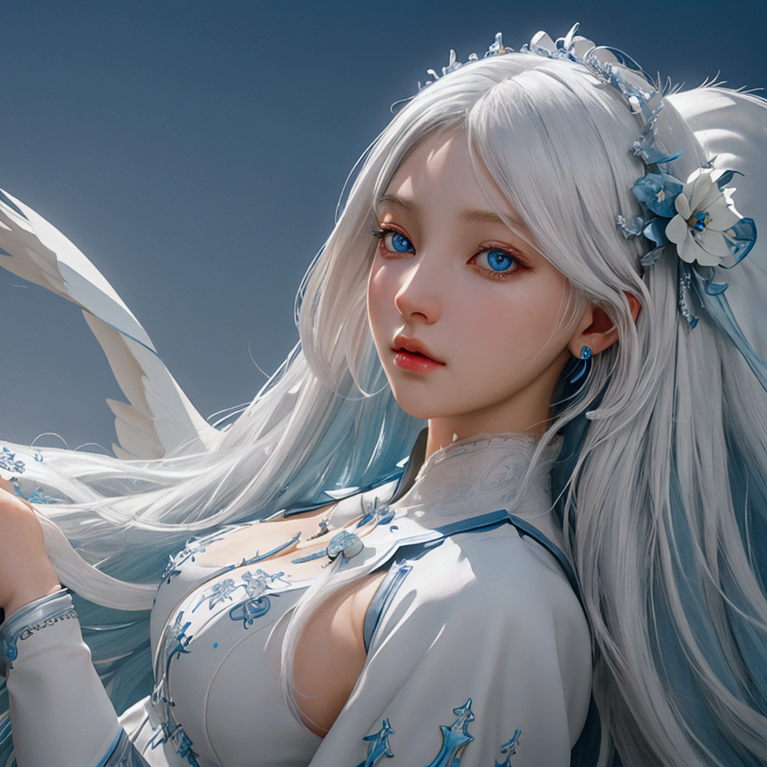 1 , solo, high resolution, high resolution, Masterpiece artwork, detail, White hair, Hime cut, blue colored eyes, view from the bottom, General plan, backlighting, Ray tracing, 3D rendering, Reality, goddess, goddess da moonligh, moonligh, rosto angelical, divine, creative background, fully body