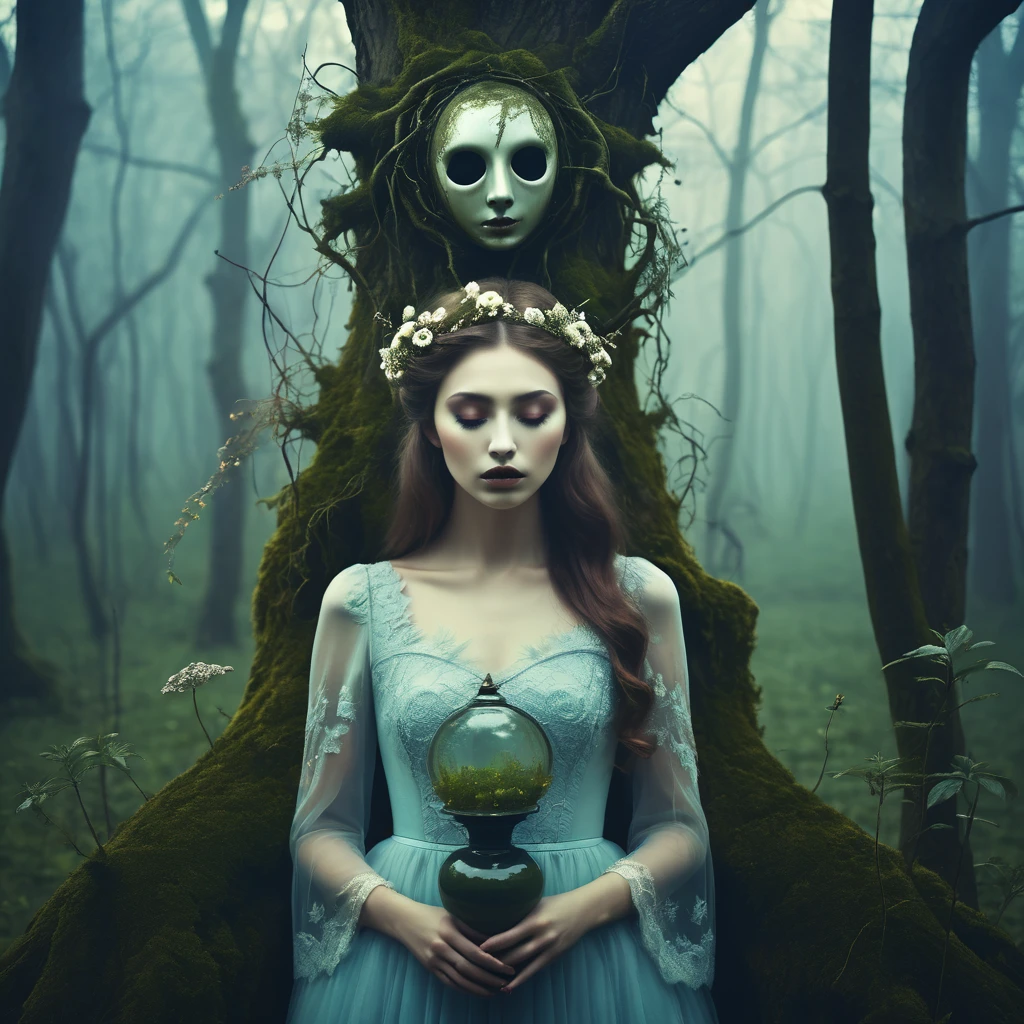 Make a dreamy mysterious horror style image symbolizing the embracement of nature, symbols
