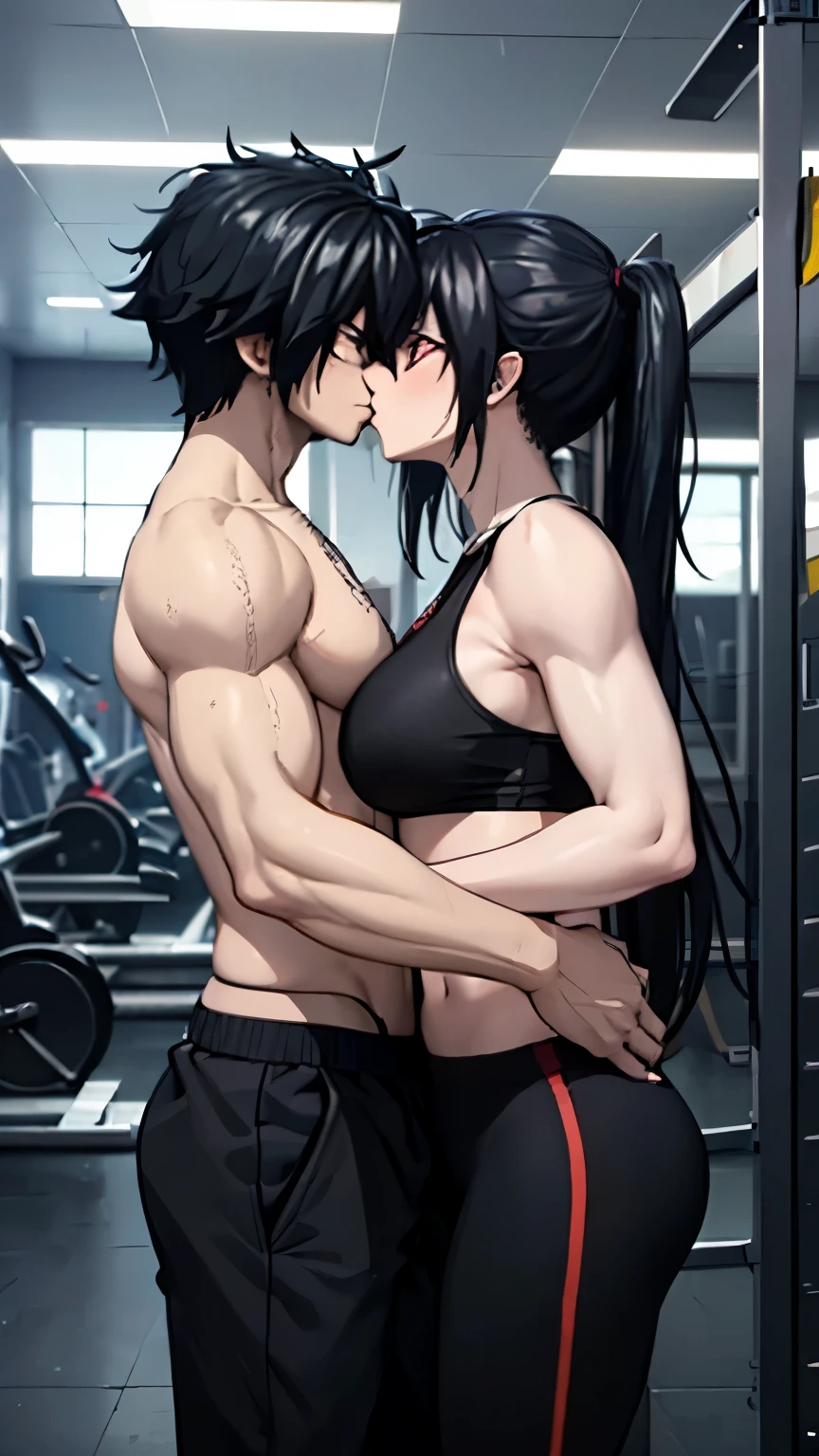 A man together with a woman in a gym together, large modern gym,(1man) (1woman) (woman wearing tight black gym pants, black sleeveless gym shirt, long black hair, Ahoge, red eyes, perfect face) (man, shirtless , muscular, serious face, muscular arm, muscular abdomen, black hair, dark blue eyes, muscular black gym shorts.) ,(Just a man and a woman in a gym), well detailed background gym equipment, blurred background,UHD, masterpiece, accurate, anatomically correct, textured skin, super detail, high quality, best quality, 8k, high resolution, bokeh effect, man and woman making out on each other, kissing, side view