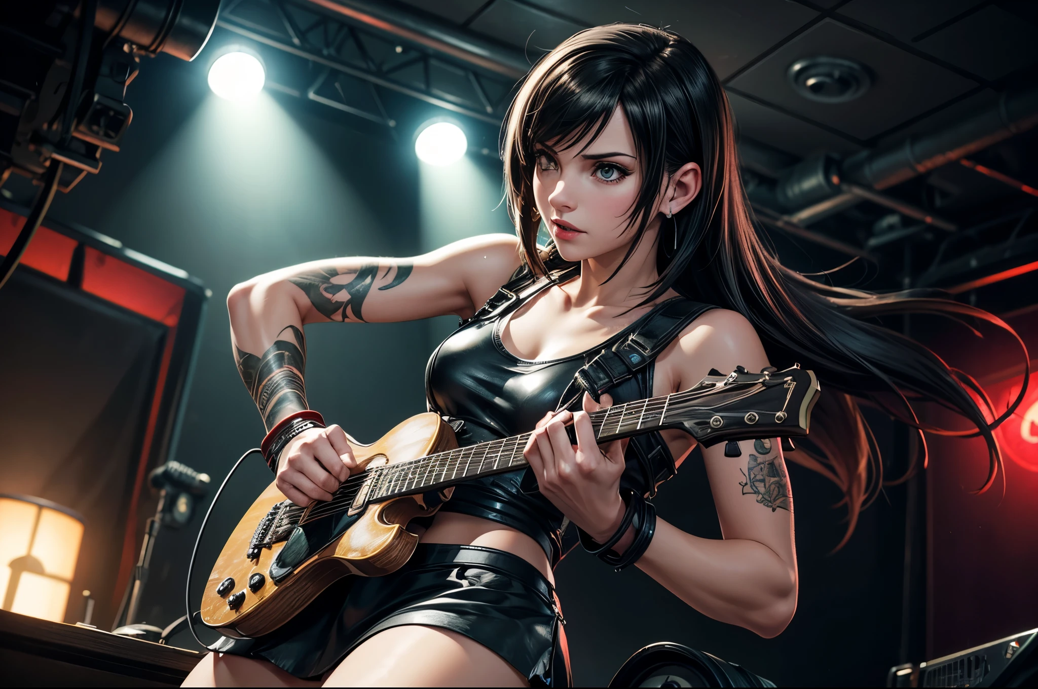 (Realisttic:1.2), analog photo style, (cute Tifa Lockhart, playing guitar), detailed face and eyes, best quality textures, punk style, leather skirt, tattoo on left shoulder, headphones, cinematic lighting, cgi, colored bob hair, perfect anatomy, in concert, hairshakes, great dinamic photo, great quality, Masterpiece, intricate steam body, rock'n'roll aesthetic, 16k quality, analog photo style, RAW photo