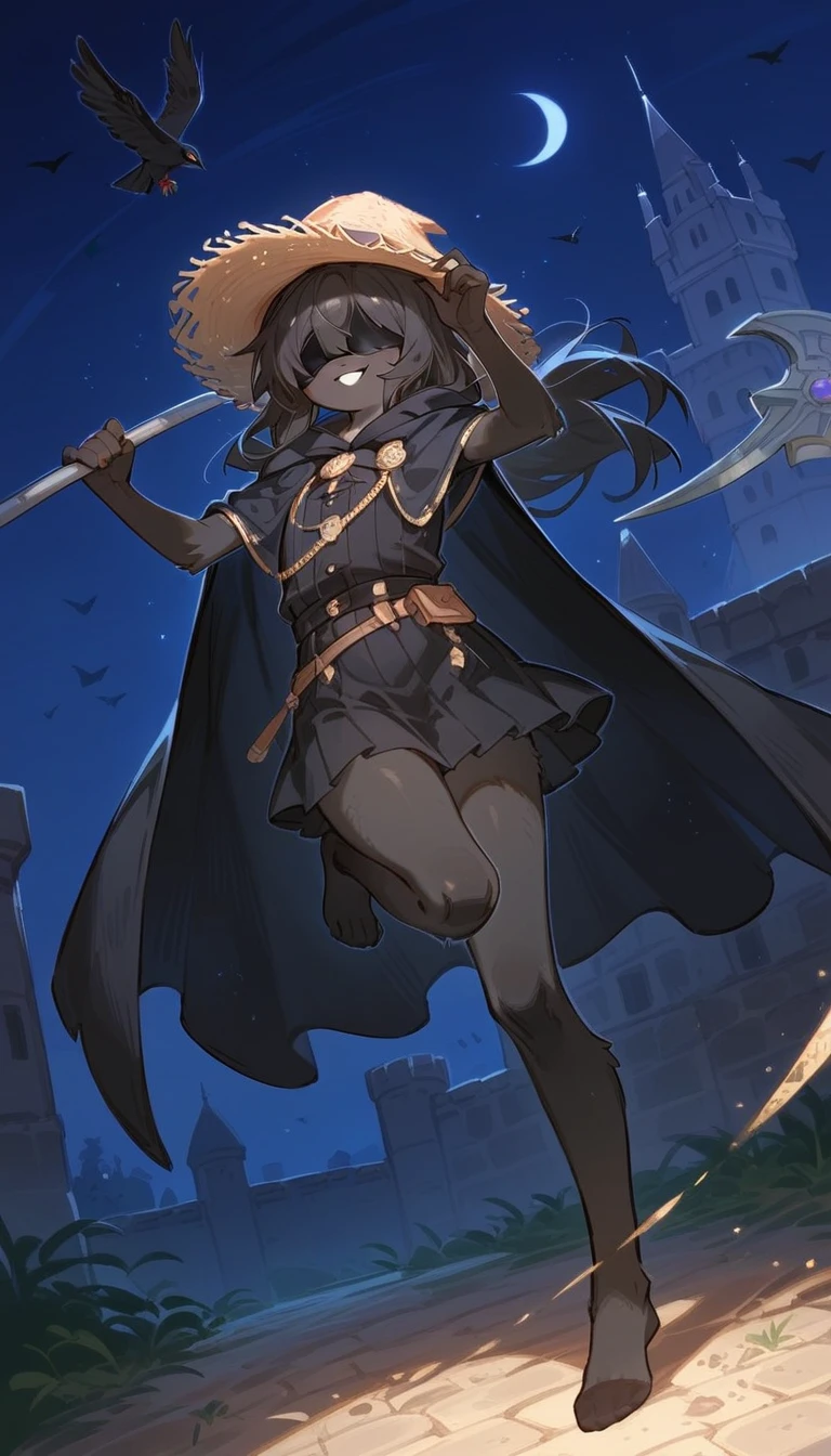 femboy, crow, pitch black fur, big fluffy long hair, anthropomorphic crow, girly try body, furry bird legs, no shoes, no boots, big black wizard-type straw hat, eyes covered, smug, holding a scythe, (fantasy cloak straw outfit), black short skirt, navy cloak, nighttime, night, a broken castle in the background, Solo:1.5, solo focus, full body, jumping towards the camera, jumping, dynamic angle, dynamic pose, w3ers,