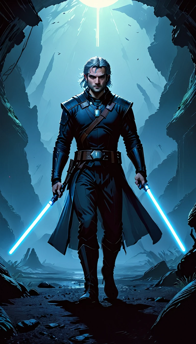 geralt of rivia as a jedi master, witcher (Henry Cavill a man) in star wars world, blue lightsaber in hand and ready to use, dramatic lighting, ultra-detailed, 8k, photorealistic, dramatic cinematic lighting, chiaroscuro lighting, moody atmosphere, dynamic pose, heroic, epic fantasy, line art, flat colors, full body shot, panoramic view to immersive background of ruins on alien planet, star wars style