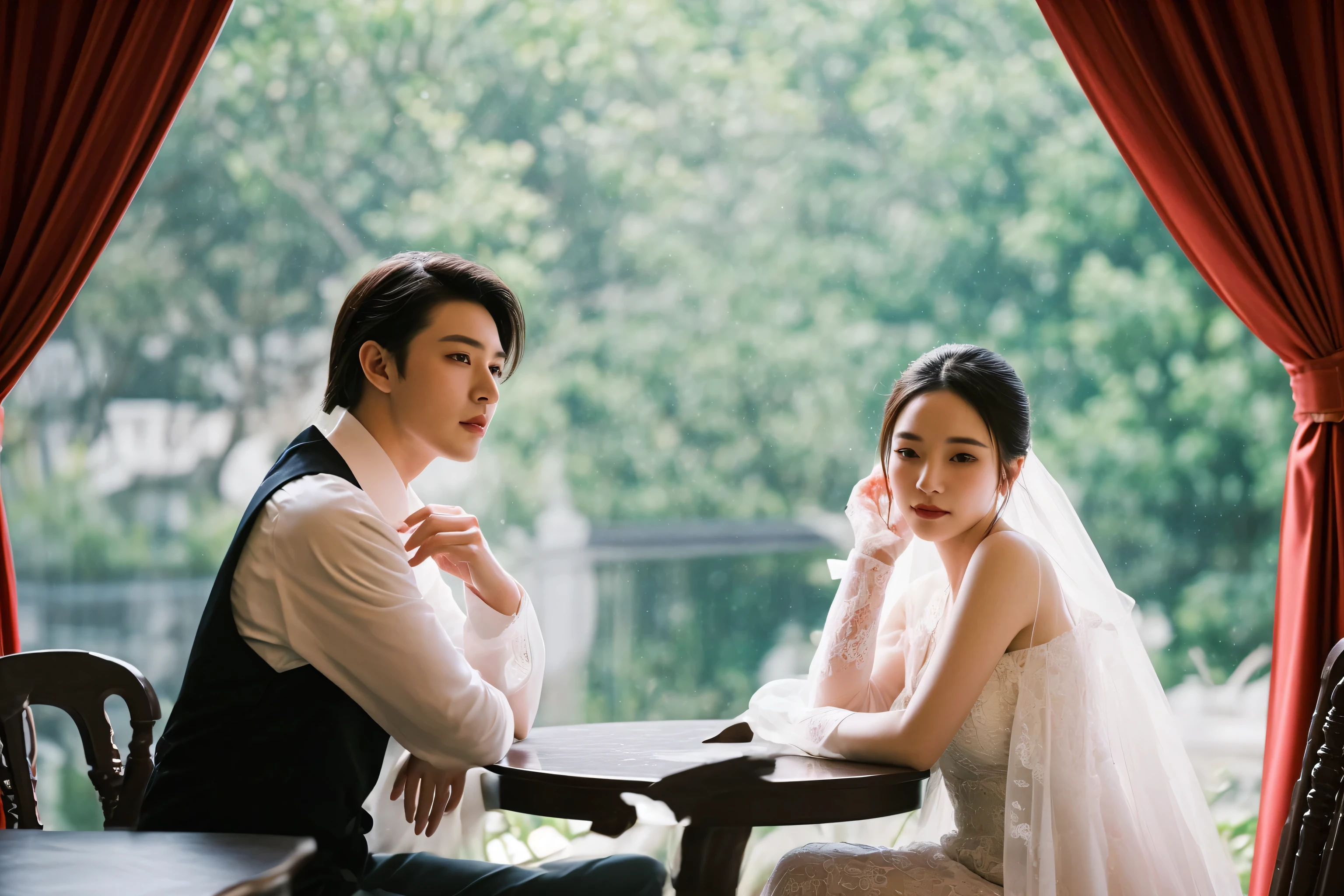 bride and groom sitting at a table in a restaurant with red curtains, wedding photo, with backdrop of natural light, ruan jia and brom, ruan jia and fenghua zhong, portrait shot, wedding photography, wedding, bride and groom, yan, lovely couple, an elegant couple, backdrop, daoshi, photoshoot