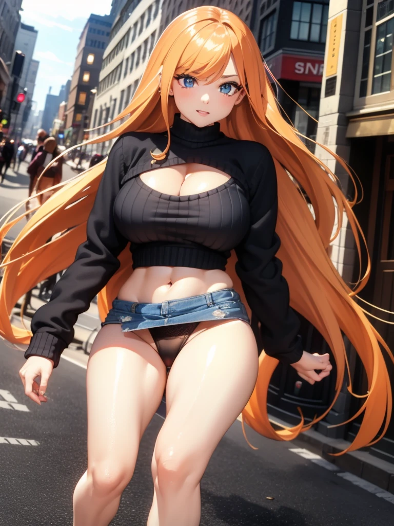 (masterpiece), best quality, high quality, 8k, wallpaper, DLSR, (ultra-detailed:0.4), (perfect face), best quality, expressive shiny galaxy eyes, perfect face ,(running, out of breath), ((wearing thight vrigin killer sweater, visible thong, miniskirt)), braided long orange hair, ((in busy street)), wearing expressive jewelry, detailed background, detailed shadow's, expressive cleavage, 