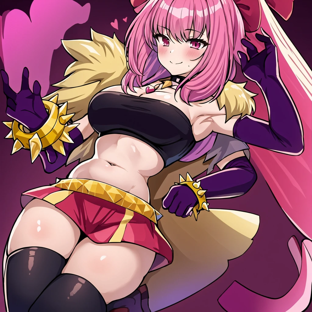 (masterpiece, Best quality:1.2), 1 girl, One, Melodies, fur shoulder pads, with spikes, bracelet, black thigh high, pink hair, orange skirt, purple gloves, purple elbow, gloves, red bow, Crop top, pink hair, mini skirt, thigh high, black Crop top, black, necklace, Navel, heart, big is, is