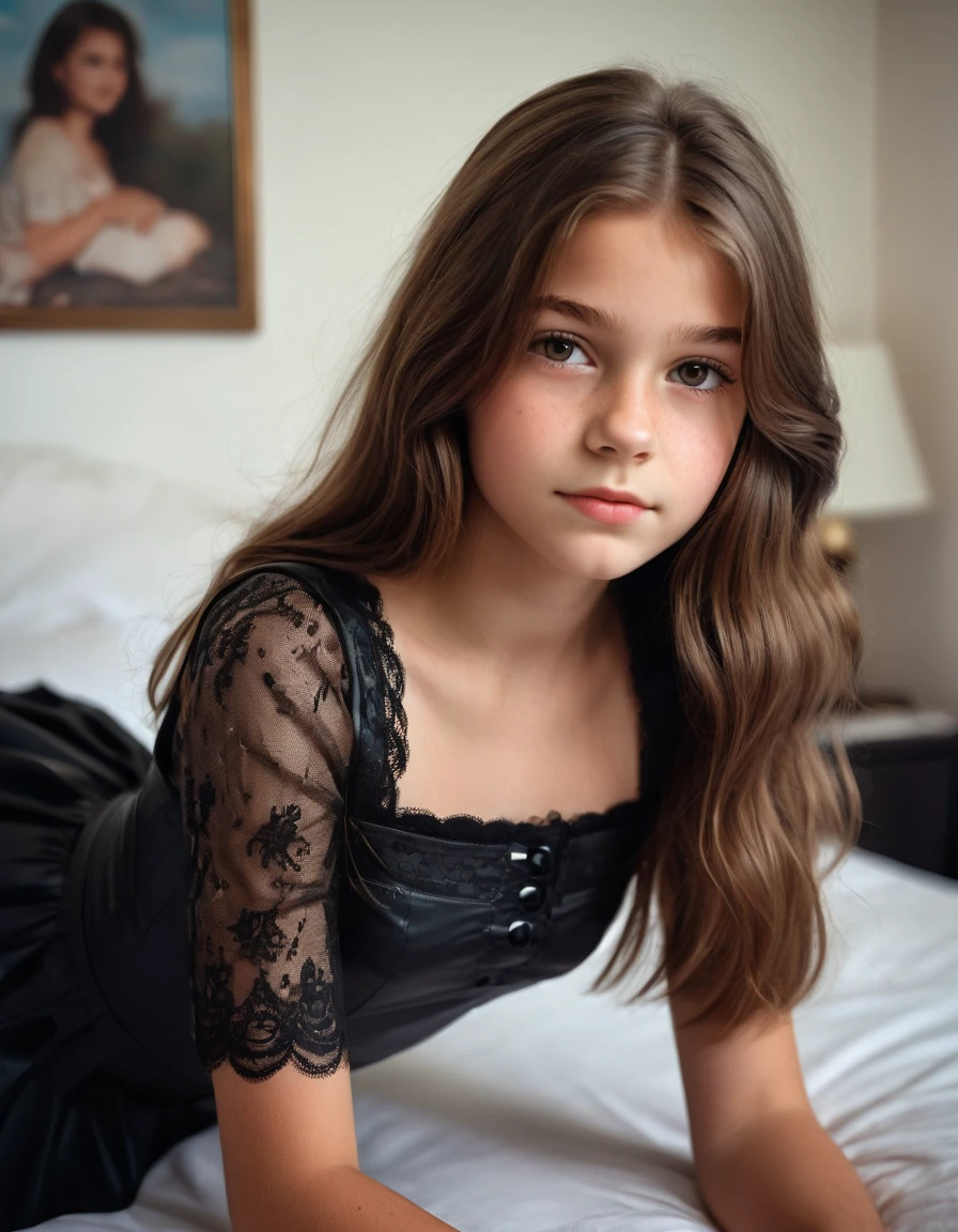 B&DANS, photo instagram, photo portrait de .o brune DANSoman, yeux détaillés parfaits, peau naturelle, hard shadoDANSs, grain de film, pretty 16 yeaan girl with brown hair, wearing a black croctop and black skirt in a bedroom, realistic, high detailed, hiden hands, realistic eyes
