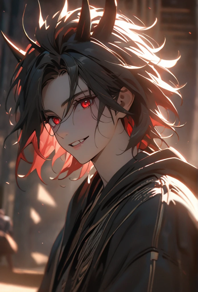 (solo), masculine, black hair, messy hair, mane hair, short hair, dense hair, wild hair, expressive hair, mature,(25 year old), pale skin, red eyes, ((man)), wearing a black robe, black demon horns,, Smiling, showing anime teeth, handsome, attractive, eye reflection, depth of field, thunder aura,cinematic lighting, ray tracing, depth of field, cinematic lighting, ray tracing, UHD, high details, best quality, highres, high quality, award winning, super detail, masterpiece, 8k, UHD, high details, best quality, highres, high quality, award winning, super detail, masterpiece, 8k, digital art, anime coloring, full body, body shot, good face, perfect face, detailed face, good eyes, sitting on a throne