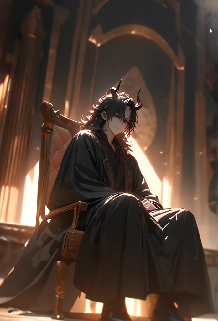 (solo), masculine, black hair, messy hair, mane hair, short hair, dense hair, wild hair, expressive hair, mature,(25 year old), pale skin, red eyes, ((man)), wearing a black robe, black demon horns,, Smiling, showing anime teeth, handsome, attractive, eye reflection, depth of field, thunder aura,cinematic lighting, ray tracing, depth of field, cinematic lighting, ray tracing, UHD, high details, best quality, highres, high quality, award winning, super detail, masterpiece, 8k, UHD, high details, best quality, highres, high quality, award winning, super detail, masterpiece, 8k, digital art, anime coloring, full body, body shot, good face, perfect face, detailed face, good eyes, sitting on a throne
