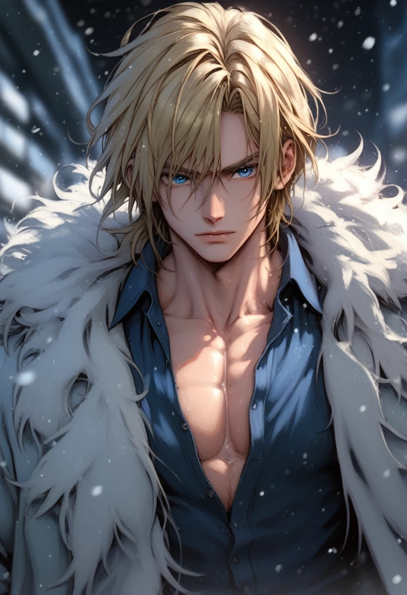 absurdities, High resolution, ultra detailed, HdR, masterpiece, Extremely detailed face and eyes, Leon Kennedy, medium blonde hair, disheveled, bushy eyebrows, serious, expressive blue eyes, 1 man, elegant, white fur coat, Fitted blue shirt, toned chest, snowy background. Complete plan