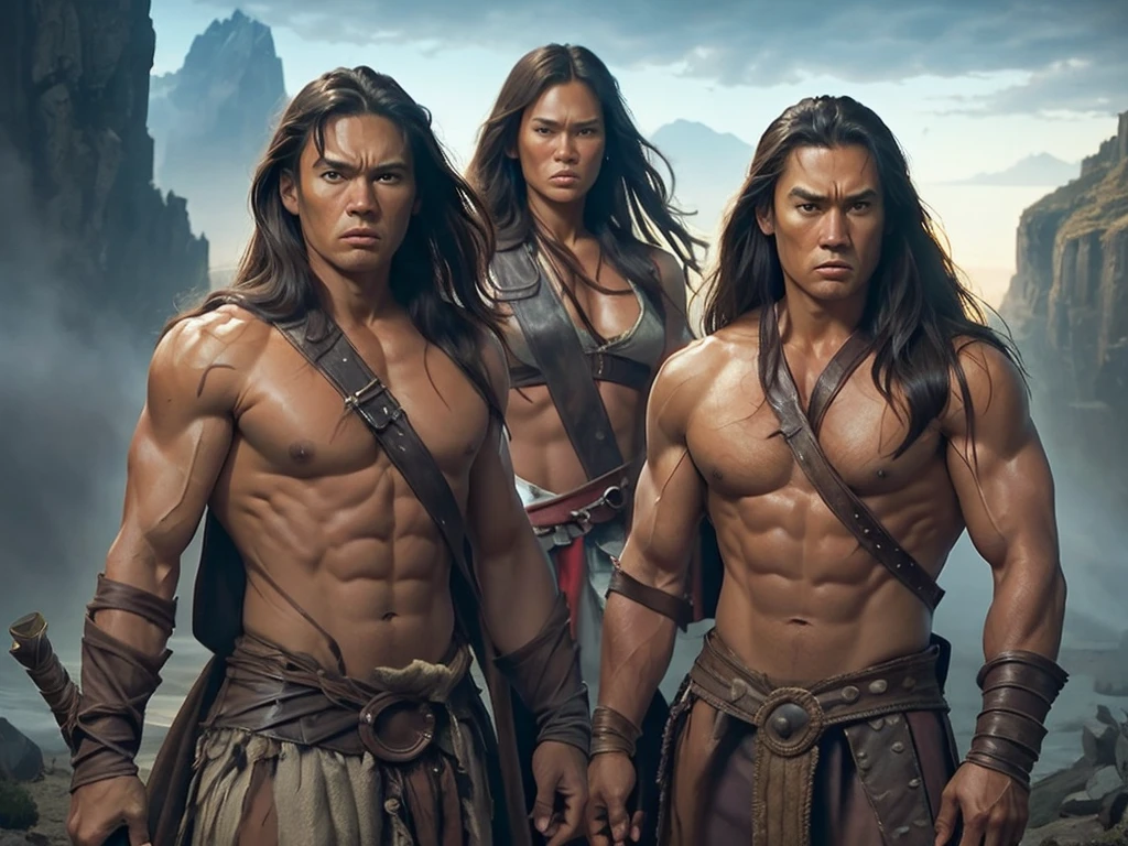 a highly detailed, hyper-realistic, dynamic movie poster of Donald Trump standing in a heroic, muscular pose, flanked by twin Tia Carrere lookalikes in Conan the Barbarian-inspired costumes, dramatic lighting, epic fantasy landscape background, cinematic composition, vibrant colors, masterful rendering, photorealistic details, impeccable realism