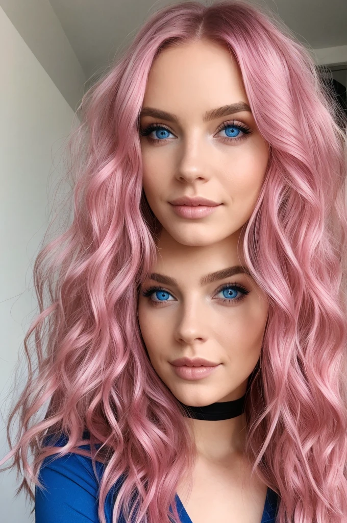 Woman, long wavy hair, pink hair, blue eyes 