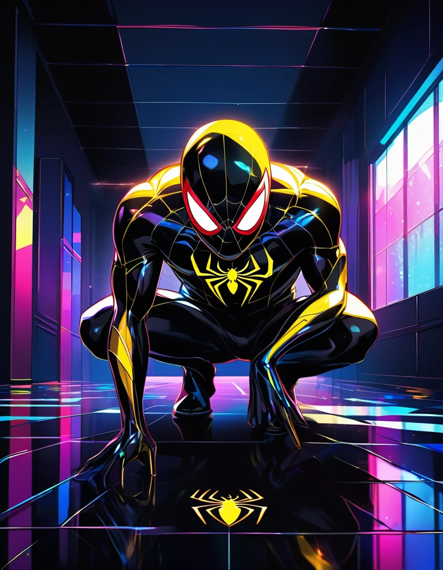 Digital art featuring a stylized, crouching figure reminiscent of Spider-Man in a dark, reflective hallway. The character is depicted in a black costume with a prominent, bright yellow spider emblem on the chest. The costume has a shiny, almost liquid texture, with rainbow-colored highlights, particularly on the mask, which features a vibrant multicolored visor. The background is a dimly lit tiled hallway with reflective surfaces, adding to the overall dark and mysterious atmosphere.