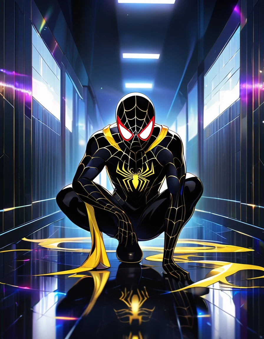 Digital art featuring a stylized, crouching figure reminiscent of Spider-Man in a dark, reflective hallway. The character is depicted in a black costume with a prominent, bright yellow spider emblem on the chest. The costume has a shiny, almost liquid texture, with rainbow-colored highlights, particularly on the mask, which features a vibrant multicolored visor. The background is a dimly lit tiled hallway with reflective surfaces, adding to the overall dark and mysterious atmosphere.