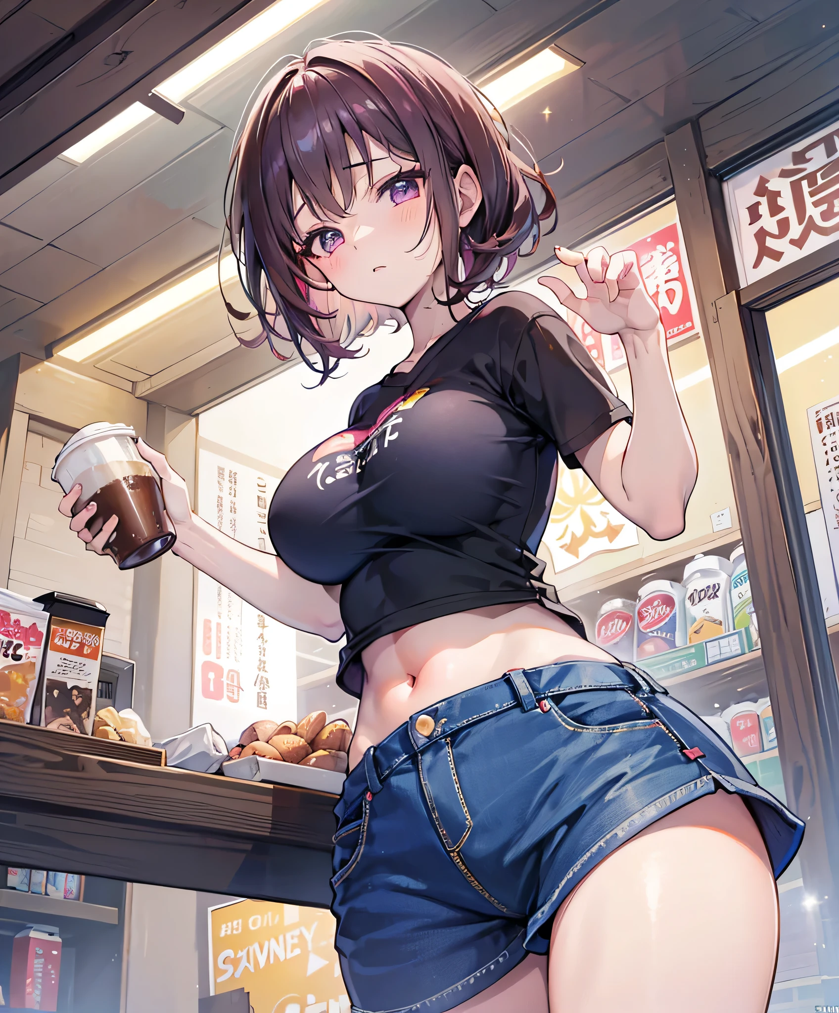 (masterpiece, Best Quality, ultra-detailed, high resolution, extremely detailed CG, official art, Professional Lighting, Perfect Anatomy, anime colors), (from below), looking at viewer, cowboy shot, perfect body, 24yo beautiful 1girl, medium hips, glamorous body,a small face,beautiful-makeup,Makeup light,Shortcut Hair,dark brown hair、Bust b Cup, Amazing Cleavage, thin waist, big ass, Raised sexy, big breast: 1.2 posed cleavage:1.2, (off shoulders,Sportsbra,legginullnude), micro denim shorts, bare legs, nail_polish, pale skin, Waiting friend, (morning:1.5), tokyo, (convenience store:1.3), outdoor, (depth of field:1.3), contrapposto, (Hold a coffee in your hand:1.3),delicate beautiful face, Bright magenta eyes, cute eyes, sparkling eyes, Big eyes, (big breasts:1.3), (perky chest:1.1), (pointed chest:1.3), looking at viewer,
Under boob, 19 years old, large breasts, triple D cup breasts, round buttocks, bubbly buttocks, wide hips, bubbly ass