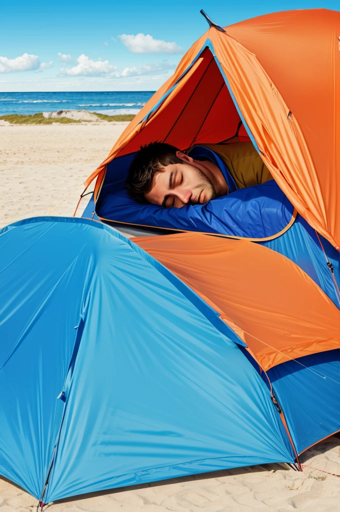Draw a Guy sleeping in a tent. He IS freezing because of cold. He IS near the ocean