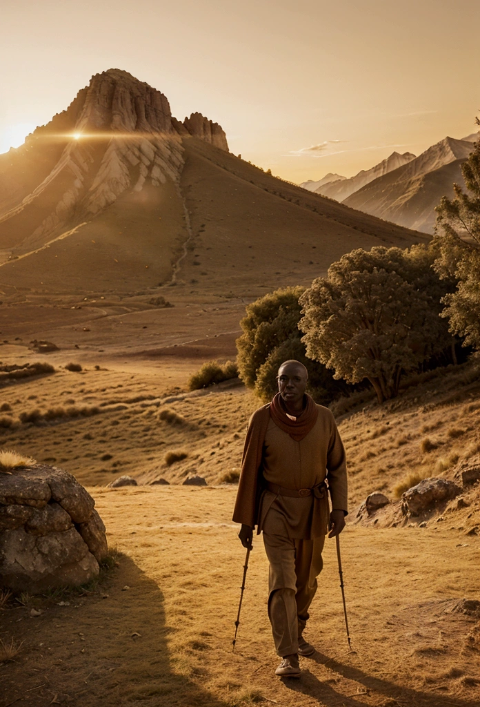 An ancient landscape with mountains in the background and a golden sunset sky. A wise and serene man, Enoch, walks through the landscape, deep in thought."