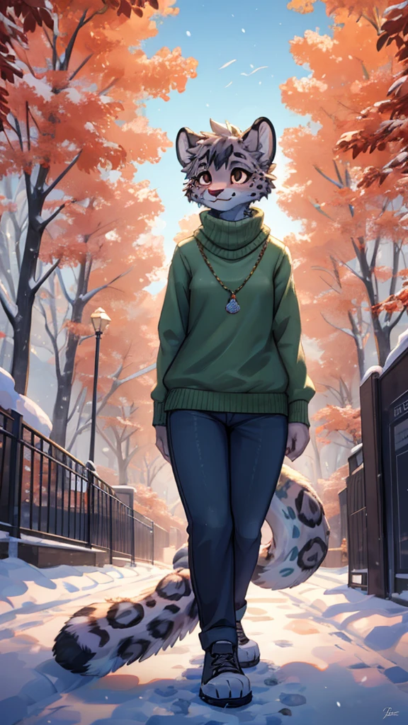 (very detailed illustration: 1.2), best quality, masterpiece, solo, natural lighting, An young anthro female snow leopard with brown eyes, she has a snow leopard tail, she has snow leopard fur, she is dressed in a green sweater and dark blue pants, she is in a big bright city, she is in a park where there are trees, she is on a gray gravel road walking.