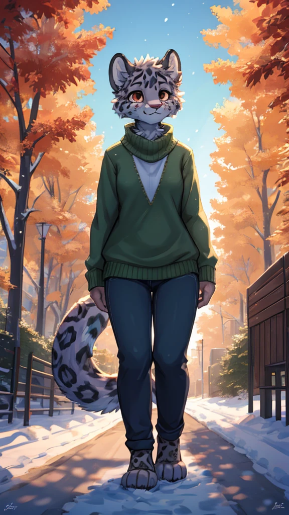 (very detailed illustration: 1.2), best quality, masterpiece, solo, natural lighting, An young anthro female snow leopard with brown eyes, she has a snow leopard tail, she has snow leopard fur, she is dressed in a green sweater and dark blue pants, she is in a big bright city, she is in a park where there are trees, she is on a gray gravel road walking.