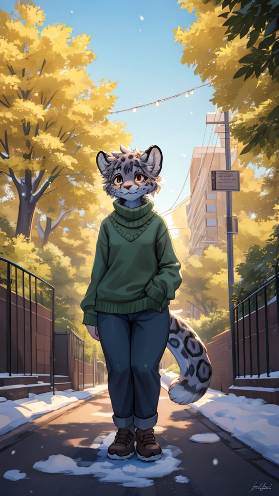 (very detailed illustration: 1.2), best quality, masterpiece, solo, natural lighting, An young anthro female snow leopard with brown eyes, she has a snow leopard tail, she has snow leopard fur, she is dressed in a green sweater and dark blue pants, she is in a big bright city, she is in a park where there are trees, she is on a gray gravel road walking.