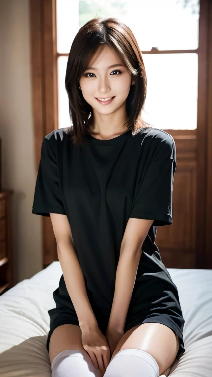 1 Girl, (Wearing a oversized shirt:1.2), (Supercluster), Very beautiful Japanese idol portraits,
(RAW Photos, Highest quality), (Realistic, Realistic:1.4), (masterpiece),
Very delicate and beautiful, Very detailed, 2k wallpaper, wonderful, finely, Very detailed CG Unity 8K wallpaper, Very detailed, High resolution, Soft Light,
Beautiful detailed girl, Very detailed eyes and face, Beautiful and sophisticated nose, Beautiful and beautiful eyes, Cinema Lighting,
(Fashion magazine photography:1.3), (indoor), (night lighting), (in her room),
(Semi-long hair),
Complete Anatomy, Slender body, Small breasts, smile with teeth, open mouse, sheer shirt, exposed thigh, knees to chest, over knee socks,