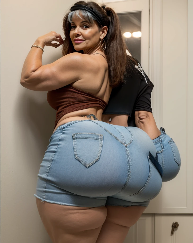 Beautiful seventy year old lady wearing short denim shorts