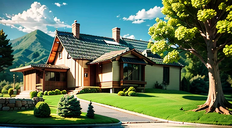 make modern house in the shape of FISH in hd clrearity and couple, and dog moving around AND LANDSCAPE