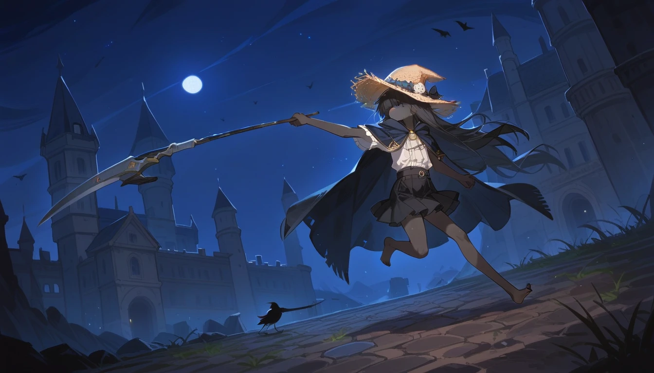 femboy, crow, pitch black fur, big fluffy long hair, anthropomorphic crow, girly try body, furry bird legs, no shoes, no boots, big black wizard-type straw hat, eyes covered, holding a scythe, (fantasy cloak straw outfit), black short skirt, navy cloak, nighttime, night, a broken castle in the background, Solo:1.5, solo focus, full body, running, swinging scythe, dynamic angle, dynamic pose, w3ers,
