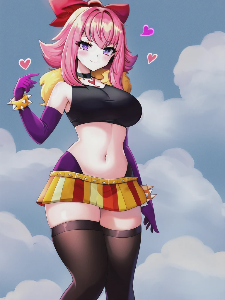 (masterpiece, Best quality:1.2), 1 girl, One, Melodies, fur shoulder pads, with spikes, bracelet, black thigh high, pink hair, orange skirt, purple gloves, purple elbow, gloves, red bow, Crop top, pink hair, mini skirt, thigh high, black Crop top, black, necklace, Navel, heart, big is, is
