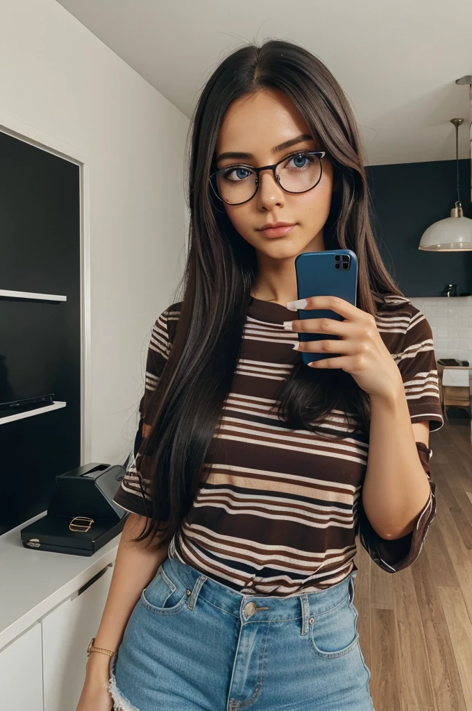 mole, phone, glasses, 1girl, long_hair, cellphone, smartphone, blue_eyes, holding, holding_phone, looking_at_viewer, mole_under_eye, shirt, black_hair, round_eyewear, brown_hair, striped_shirt, makeup, solo, phone_screen, indoors, fingernails