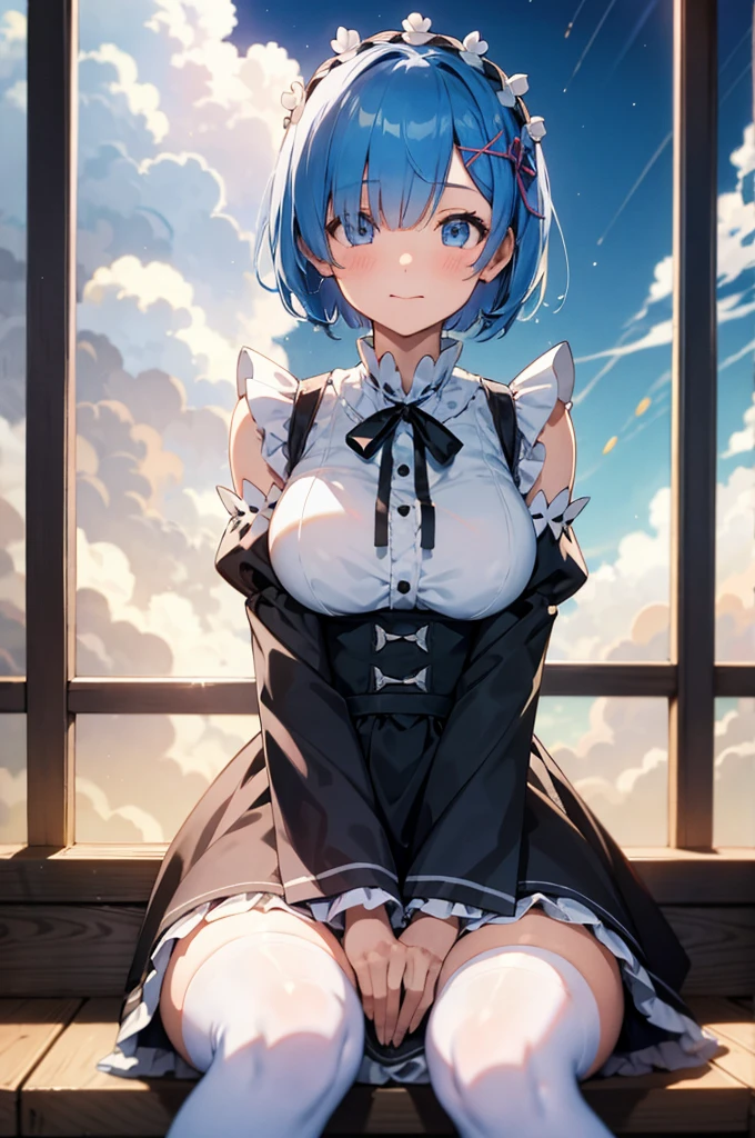 (masterpiece),(intricate details),1girl,mature female,huge breasts
BREAK
rezerorem, rem, blue eyes, blue hair, hair ornament, hair over one eye, hair ribbon, short hair, x hair ornament, BREAK apron, black ribbon, black skirt, black sleeves, detached collar, detached sleeves, flower, frilled apron, frilled skirt, frills, head wreath, long sleeves, maid, miniskirt, neck ribbon, purple ribbon, ribbon, ribbon trim, ribbon-trimmed sleeves, roswaal mansion maid uniform, short hair, skirt, thighhighs, waist apron, white apron, white thighhighs,
depth of field,looking at viewer,((sit on the , Art_museum,)),((upper body)),polka dot panties,smirk
BREAK
moon,night,bus stop,((cumulonimbus)),from below:1.3,