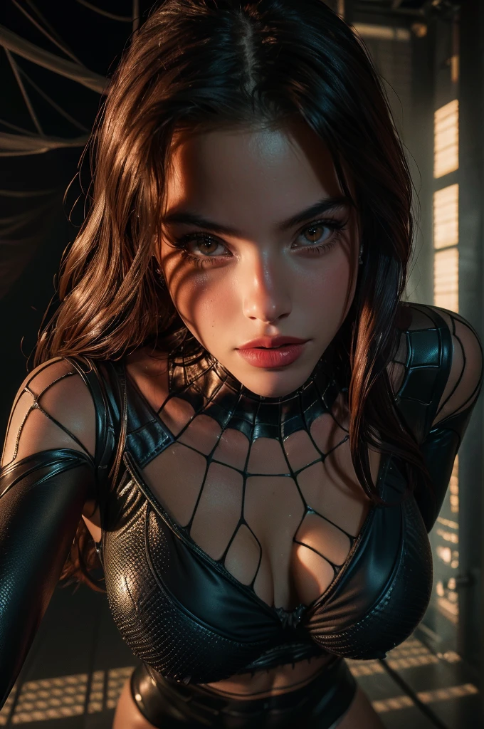 Busty Emilia Mernes as Spider-Man, wearing swimsuit, beautiful detailed eyes, beautiful detailed lips, extremely detailed eye and face, long eyelashes, skin tanned, slender figure, seductively pose, spider web pattern, dynamic action, dramatic lighting, cinematic, Dark and moody colors, hight contrast, hyperrealisti, 8k, best qualityer, work of art