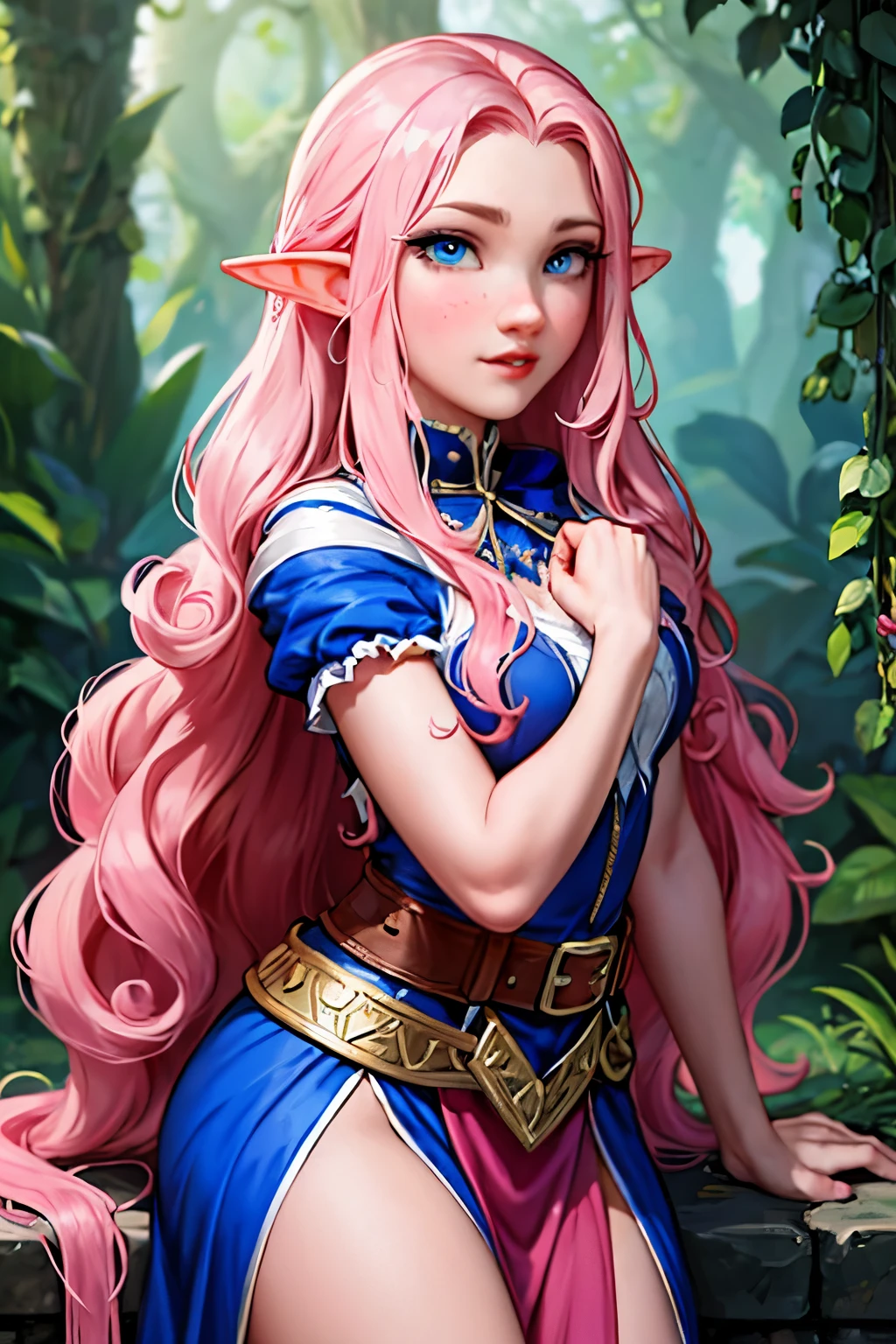Woman, long wavy hair, pink hair, blue eyes, elf