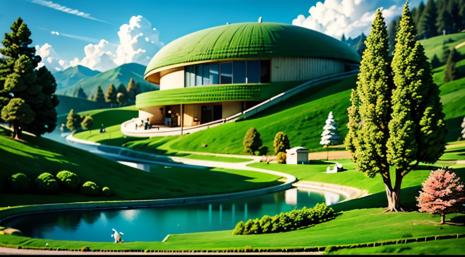 make modern house in the shape of FISH in hd clrearity and couple, and dog moving around AND LANDSCAPE