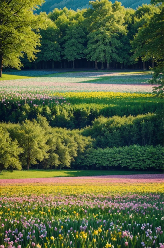 Make a drawing of a flowering field in spring where you can see 3 parts, The one that is closest is the water in the central part, which is made up of an immense meadow full of flowers and some trees, and the farthest part is made up of a grove of trees.