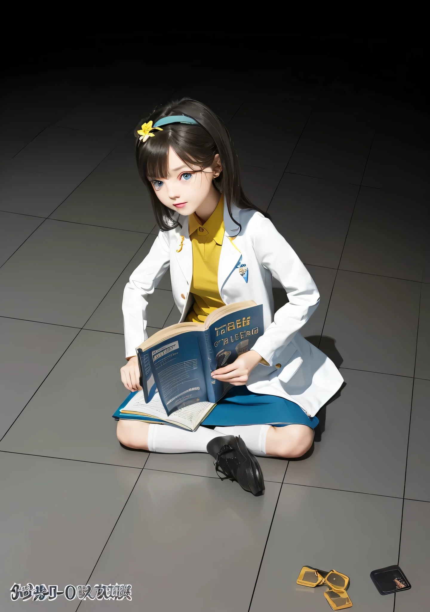 Girl, dark hair, shoulder length hair, blue eyes, white flower hairpin, white lab coat, yellow shirt, blue skirt, black shoes, white socks, dark blue calculus book, writing, looking at the book, studying on the floor, half dark room
