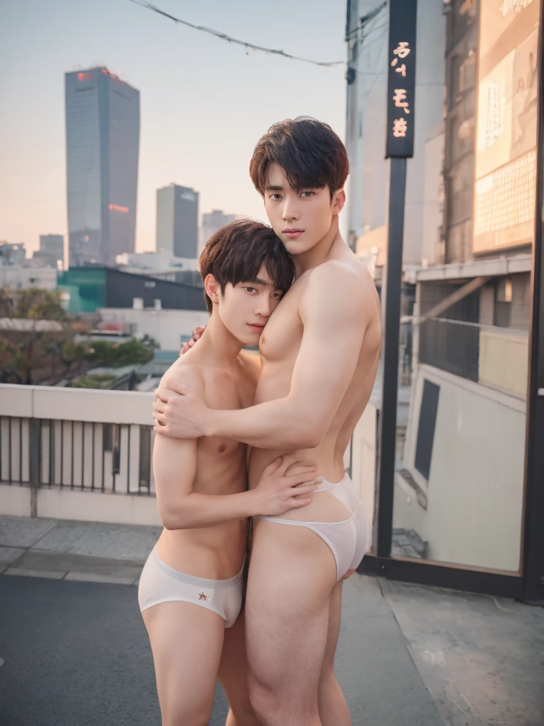 two boys, embrace, Photorealsitic, 8K full body portrait, a handsome, 18-year-old man, A charming expression, detailed face details, topless, sexy, Brief underwear, TOKYOcty, Winters, Shibuya in the background.