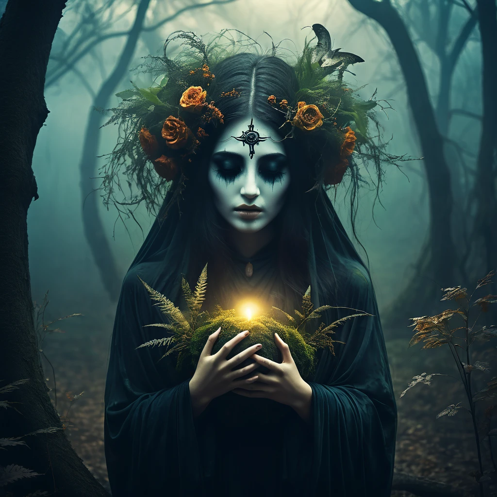 Make a dreamy mysterious horror style image symbolizing the embracement of nature, embrace ancient cults, embrace life and death, symbols